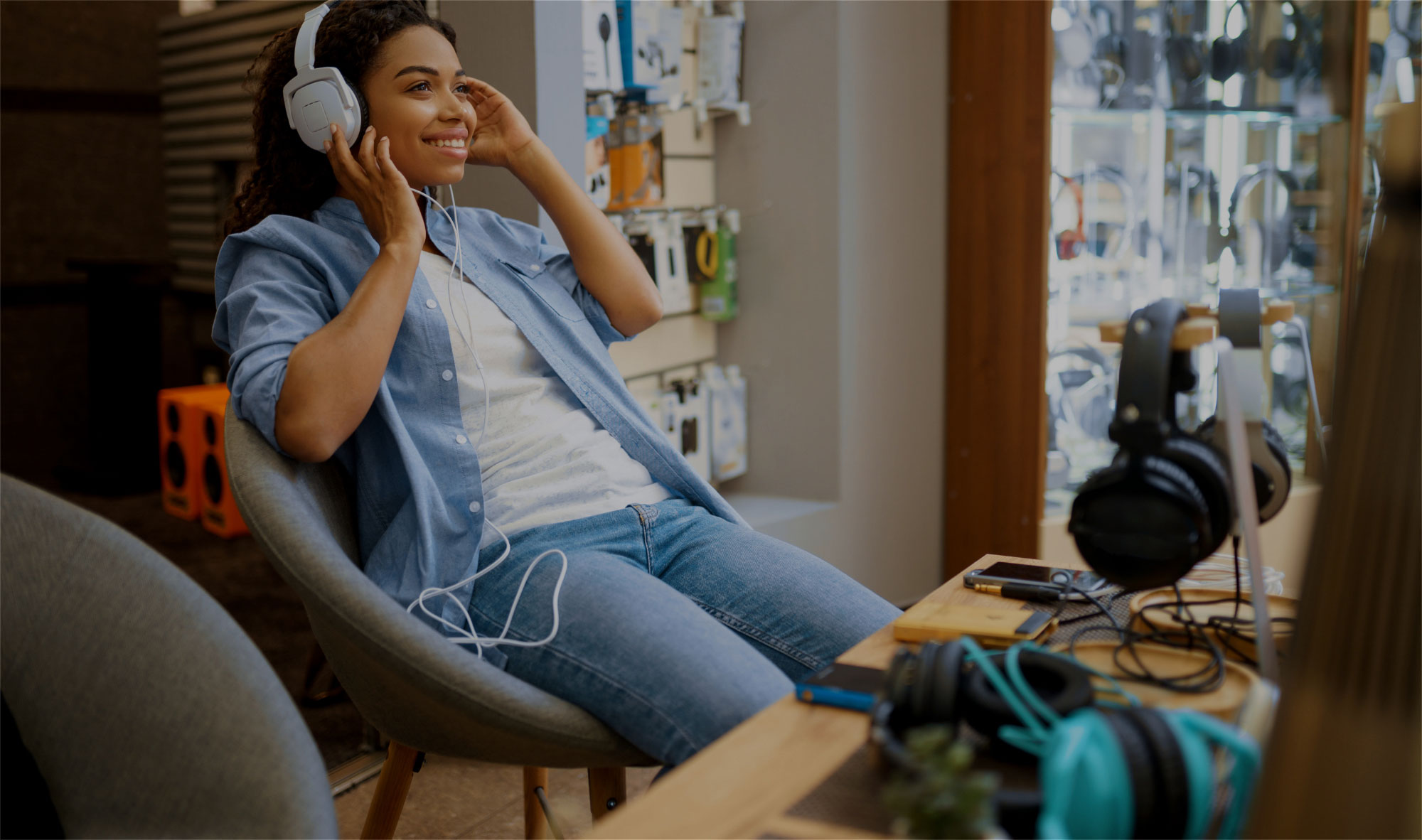 Girl listening to music with headphones 